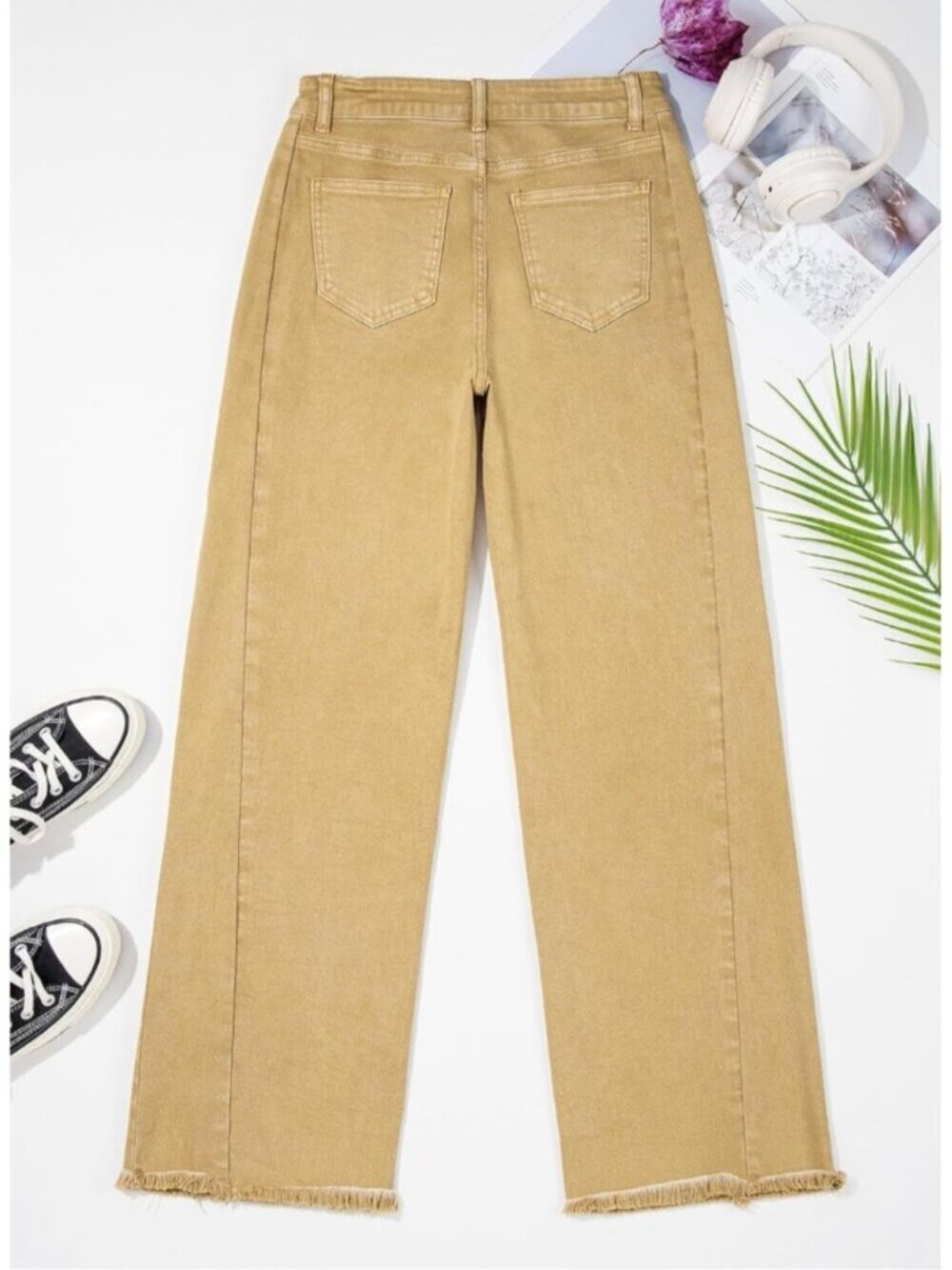 Women's Khaki Leg Jeans High Waisted Stretchy Length Side Seam Denim Pants - Picture 3 of 6